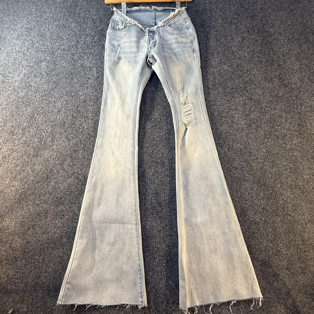 AVAL Womens Extreme Low Rise Flare Jeans Distressed Light Wash Y2K Raw Waist